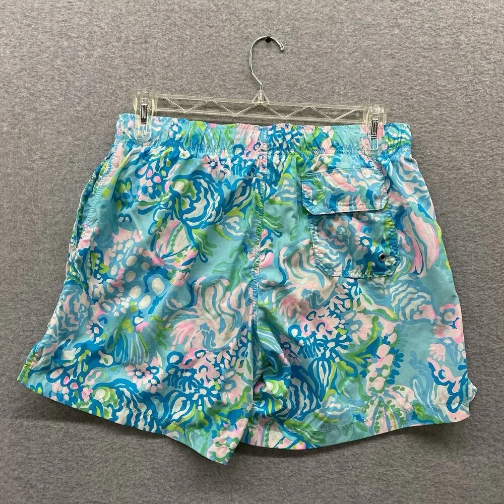 Lilly Pulitzer Swim Trunks Mens M Aqua La Vista Board Shorts Fish Print Lined